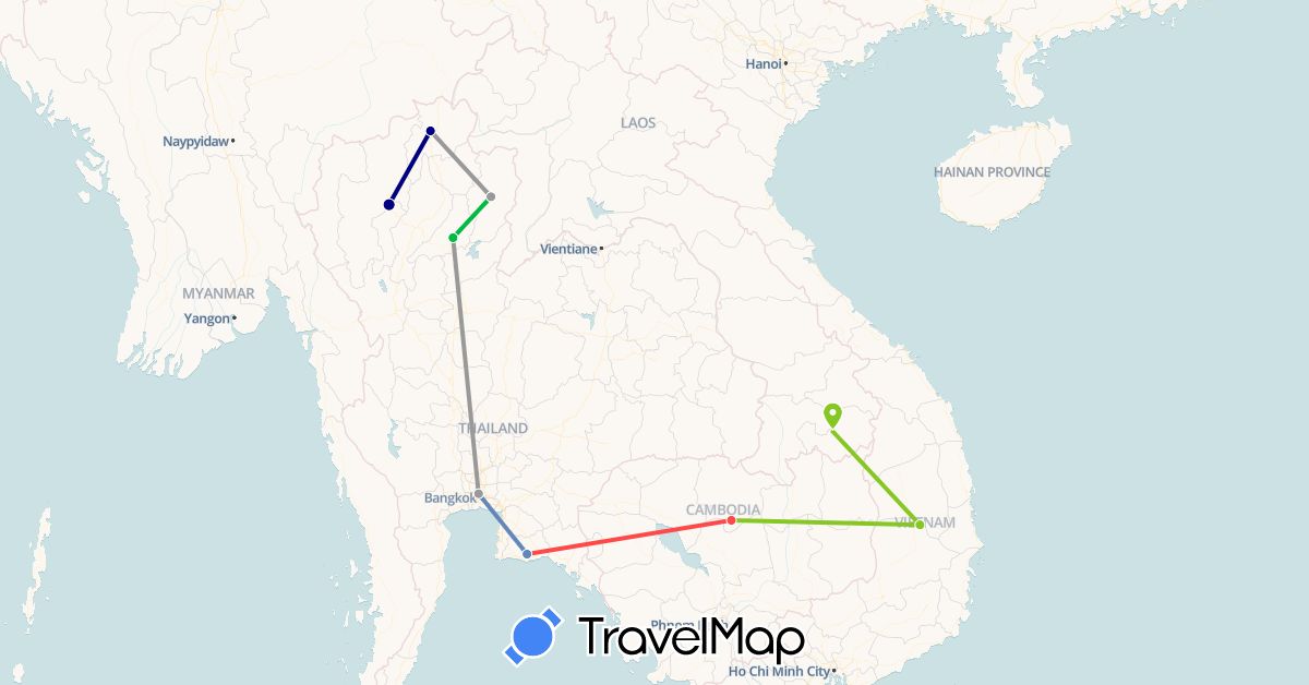 TravelMap itinerary: driving, bus, plane, cycling, hiking, electric vehicle in Cambodia, Laos, Thailand, Vietnam (Asia)